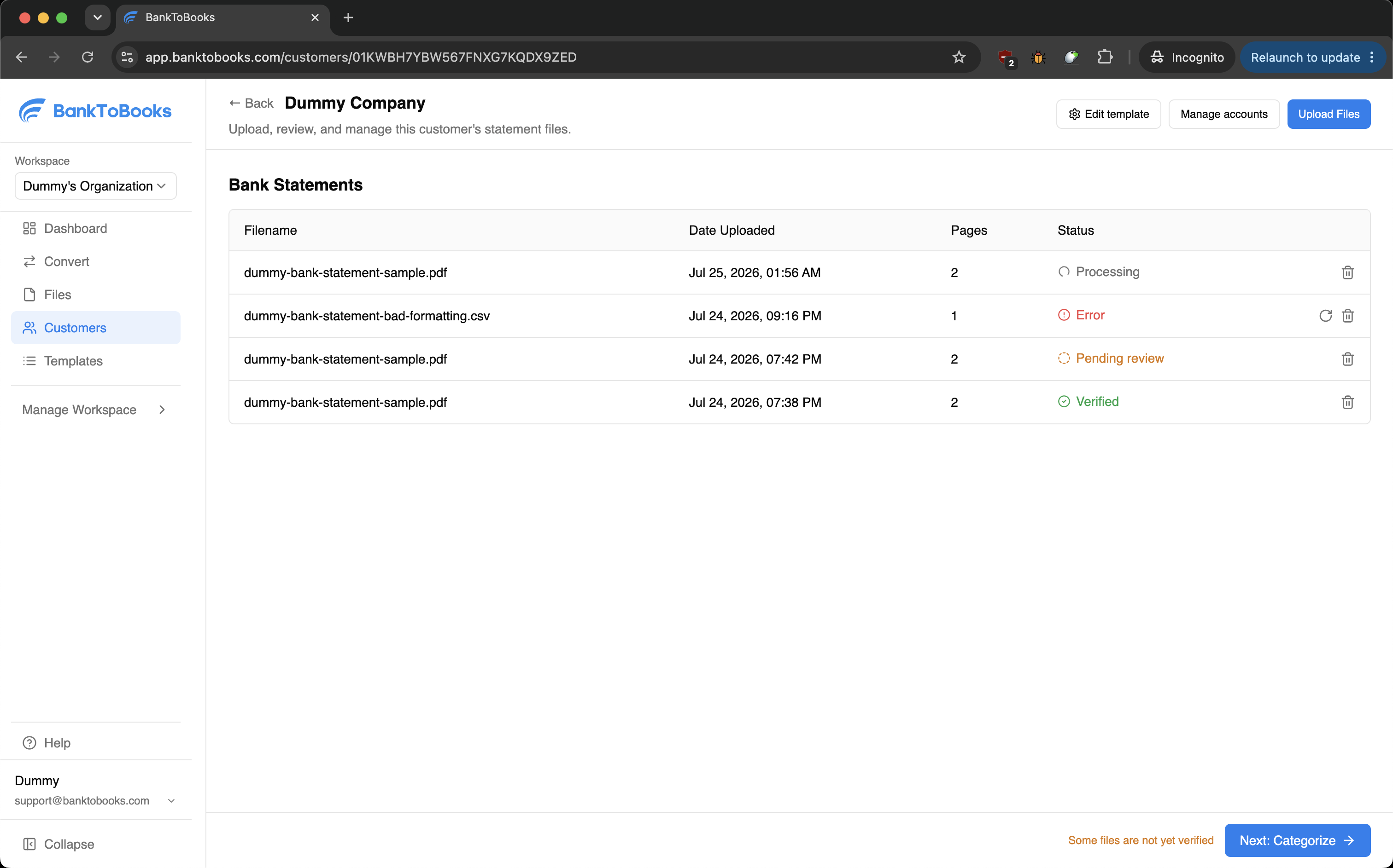 Customer record showing uploaded bank statement files with Processing, Error, Pending review, and Verified statuses.